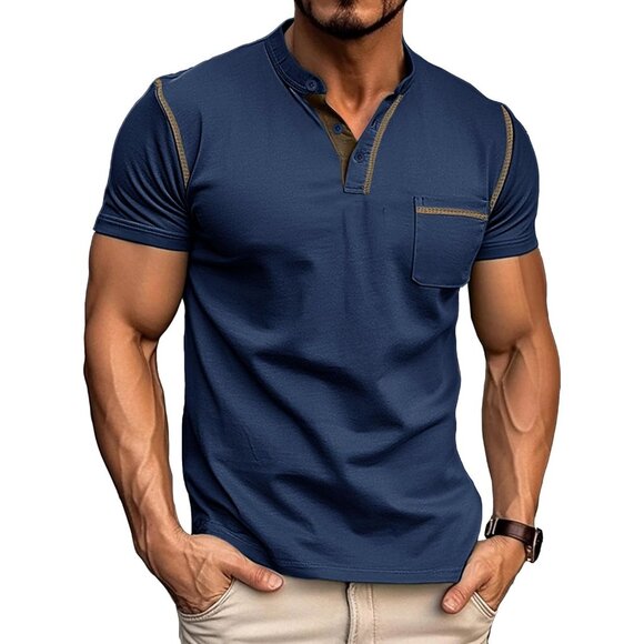 Men Short Sleeve Polo T Shirt Navey Blue Striped Casual Slim Fit Top - Picture 1 of 8